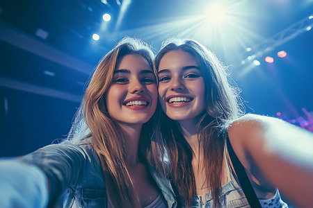 Beautiful young women taking a selfie while standing in front of a stageの素材