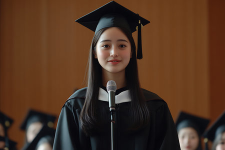 Portrait of a beautiful Asian girl in graduation gown and hat with microphone.の素材