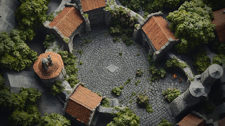 Aerial view of the courtyard of a medieval castle in Sighisoara, Romaniaの素材