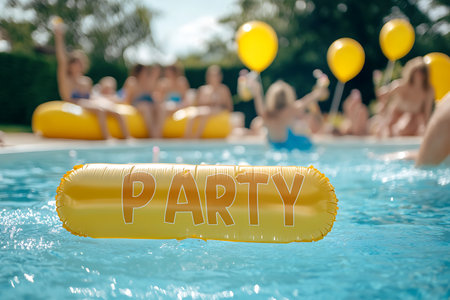 selective focus of party inflatable ring floating in swimming pool with friends on backgroundの素材