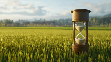 Hourglass on green grass. Time concept. 3D rendering.の素材