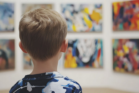 Boy looking at paintings in art gallery. Selective focus. Shallow depth of field.の素材