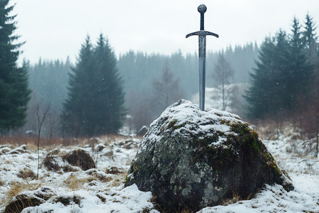 Old medieval sword on a stone in the middle of the winter forestの素材