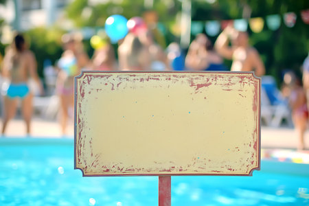 Blank sign on the edge of a swimming pool with people in the backgroundの素材
