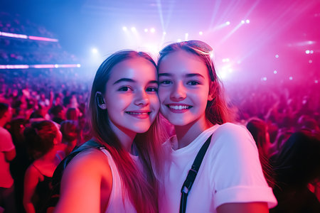Portrait of two teenage girls smiling at camera while dancing in nightclubの素材