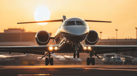 Airplane on the runway at sunset. Business travel and transport conceptの素材