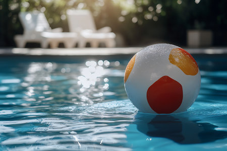 Swimming pool with a ball in the form of an orange and white ballの素材