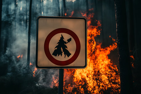 No fire sign on the background of a forest fire. Warning signの素材