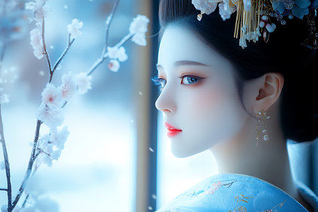 beautiful asian kimono woman with sakura blossomの素材