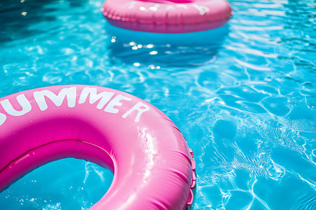 Inflatable ring floating in swimming pool. Summer vacation concept.の素材