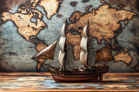 Sailing ship on the background of the world map. 3d illustrationの素材