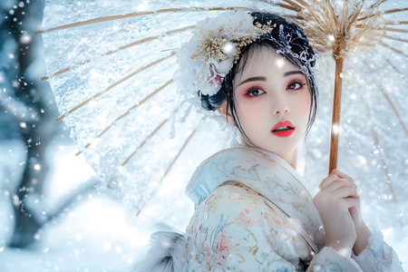 Beautiful asian woman in traditional costume with umbrella in winter forestの素材
