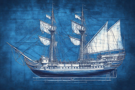 Sailing ship on blue background. 3D illustration. Vintage style.の素材