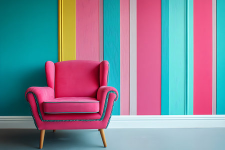 Pink armchair on a colorful wall background. 3d render.の素材