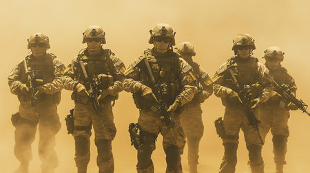 United States Navy Special forces soldiers in full gear at a military exerciseの素材