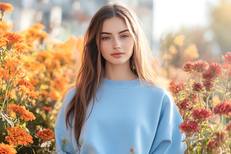 Portrait of a beautiful young girl with long hair in a blue sweater on a background of flowersの素材