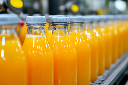Orange juice bottles on conveyor belt in beverage factory. Industrial backgroundの素材