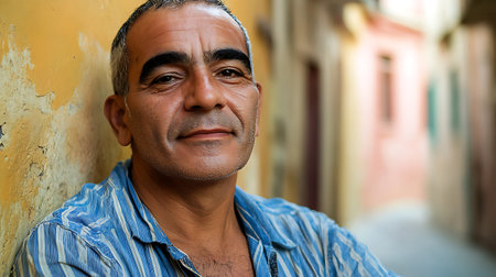 Portrait of a middle-aged Indian man in an old townの素材