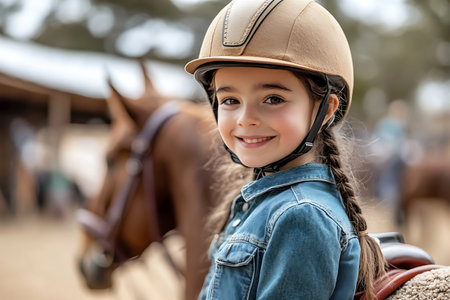 Portrait of a cute little girl wearing a helmet and riding a horseの素材