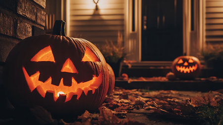 Halloween pumpkin head jack o lantern in front of house at nightの素材