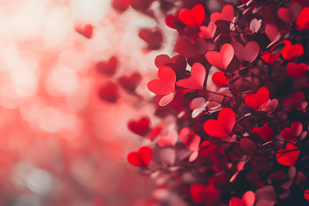 Valentines day background with red hearts on bokeh lightsの素材