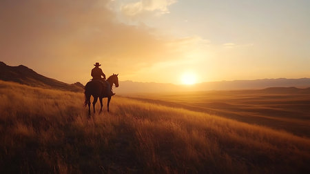 Cowboy riding a horse in the steppe at sunset. 3d renderingの素材