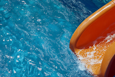 Orange inflatable boat floating in swimming pool. Water sport background.の素材