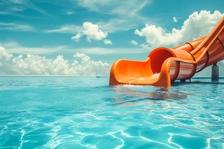 Orange plastic slide in a swimming pool on a sunny day. 3d renderingの素材