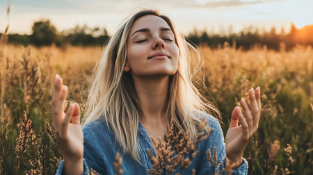 Beautiful young woman meditating in the meadow at sunset.の素材