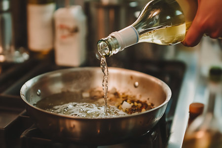 Chef is pouring oil from a bottle into a frying pan on the stoveの素材