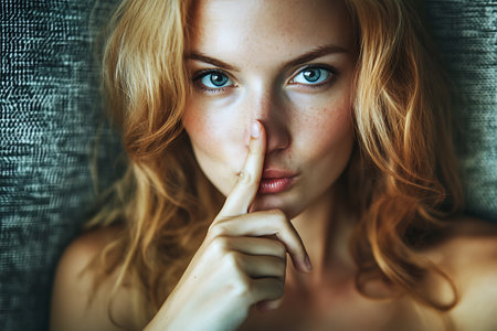 Portrait of a beautiful young woman with finger on her lips.の素材