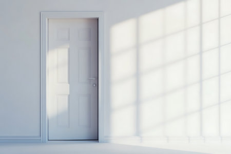 White door in empty room with sunlight. 3D Rendering.の素材