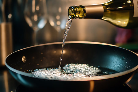 Bottle of white wine being poured into a frying pan, close-upの素材