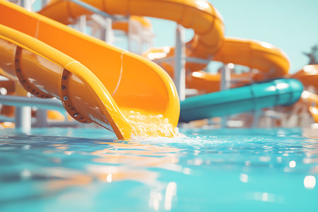 Closeup of water slide in swimming pool with blue water background.の素材