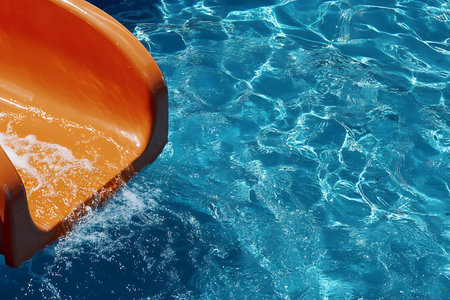 Orange water slide in swimming pool with clear blue water. Summer backgroundの素材