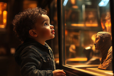 Little boy looking through the window of a museum in Paris at nightの素材