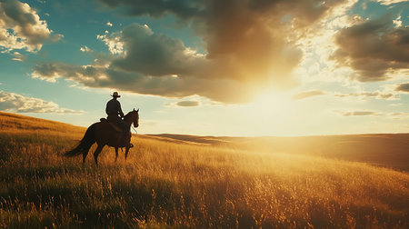 Young man riding a horse in the field at sunset. Horseback riding.の素材