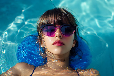 Portrait of a beautiful young woman in sunglasses in the swimming poolの素材