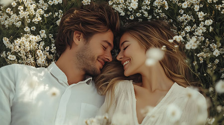 beautiful young couple hugging and smiling each other while lying among flowers in fieldの素材