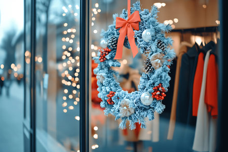 Christmas wreath hanging on shop window in shopping mall, closeupの素材