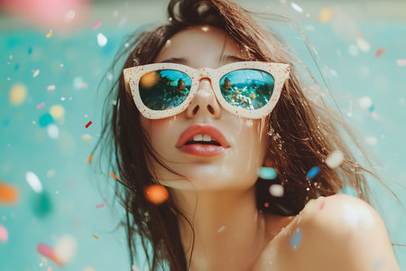 Sexy young woman in sunglasses with confetti on blue background.の素材