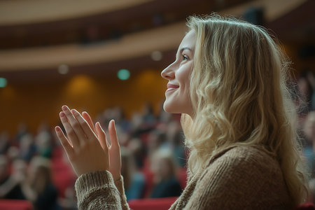 Female speaker making a speech at business conference. Audience in the conference hallの素材