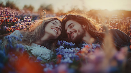 Couple in love on the field of flowers. Happy young man and woman in a field of flowers.の素材
