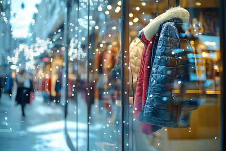 Blurred background of shop window with winter clothes and bokeh lightsの素材