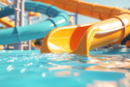 Close up of yellow water slide in swimming pool, shallow depth of fieldの素材