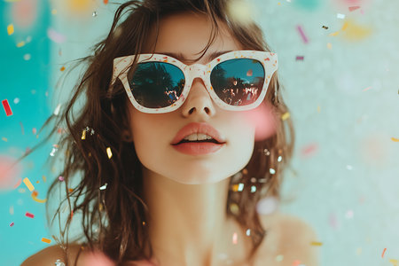 portrait of beautiful girl in sunglasses with confetti at birthday partyの素材