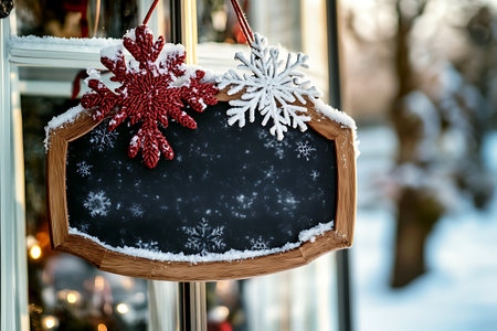 Wooden board with snowflakes on the window of the shopの素材
