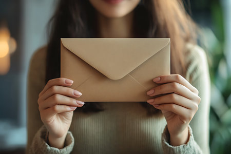 Closeup of young woman holding envelope in cafe. Closeup of female hands holding envelope.の素材