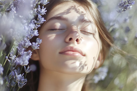 Portrait of a beautiful girl in a lavender field. Young woman with flowers.の素材