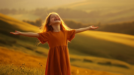 Redhead girl in long orange dress on the field at sunset.の素材